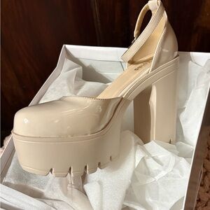 Patent Platform Mary Jane Pumps in Nude Cream